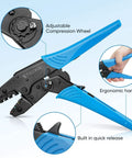 Heat Shrink Connector Crimping Tool With Ratcheting Crimper Pliers featuring adjustable compression wheel and quick release.
