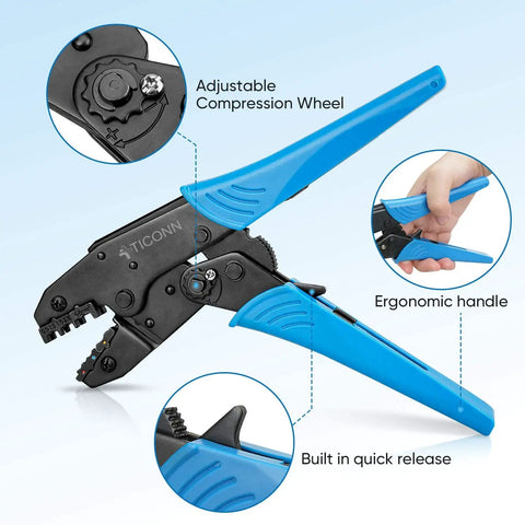 Heat Shrink Connector Crimping Tool With Ratcheting Crimper Pliers featuring adjustable compression wheel and quick release.