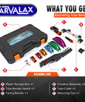 Carvalax Pipe Tube Bender Set For 1/4 To 7/8 Inch O.D. LITE Version with seven color coded bender heads and tubing bender.