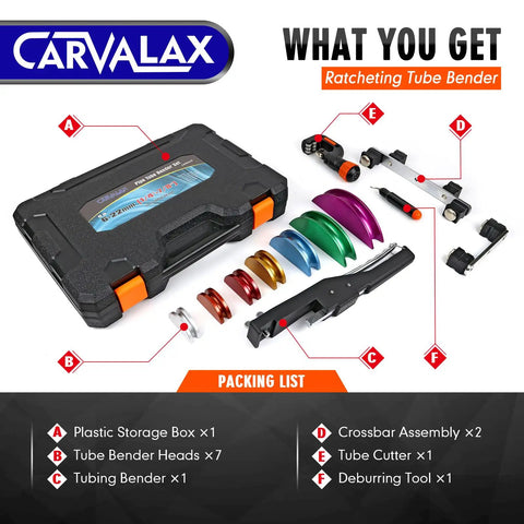 Carvalax Pipe Tube Bender Set For 1/4 To 7/8 Inch O.D. LITE Version with seven color coded bender heads and tubing bender.