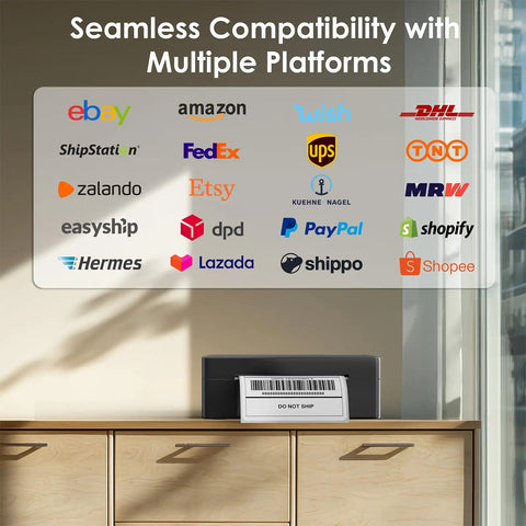 Sleek 4x6 Portable Thermal Label Printer Featuring Hella Reliable Bluetooth Sync And Stress Free App Pairing For Swift Shipping Tasks, shown with platform logos.