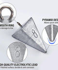 Heavy Duty Pyramid Sinker Fishing Weights Lead Sinker For Saltwater And Freshwater Anti Corrosion Design That Sinks Fast Perfect For Ocean Surf Fishing Gear Catfish Tackle 1 Oz. Close-up of pyramid sinker with smooth ring and electrolytic lead design.