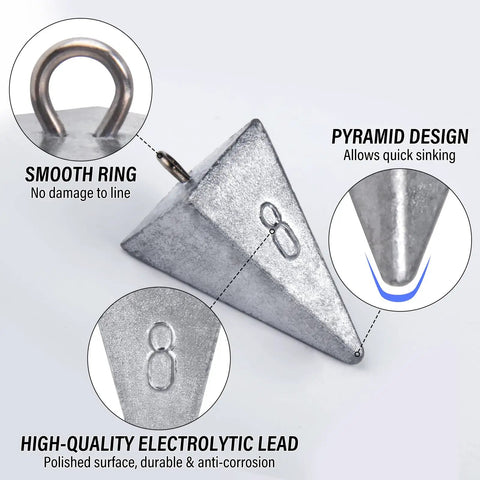 Heavy Duty Pyramid Sinker Fishing Weights Lead Sinker For Saltwater And Freshwater Anti Corrosion Design That Sinks Fast Perfect For Ocean Surf Fishing Gear Catfish Tackle 1 Oz. Close-up of pyramid sinker with smooth ring and electrolytic lead design.