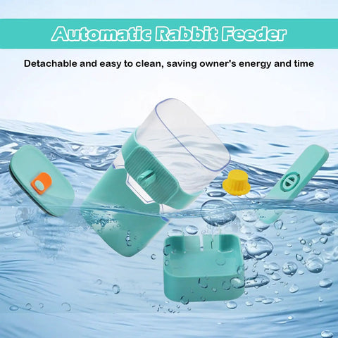 Worry Free Automatic Rabbit Food Dispenser With 35 Oz Gravity Feeding For Bunnies Guinea Pigs And Small Critters, showing detachable green components.
