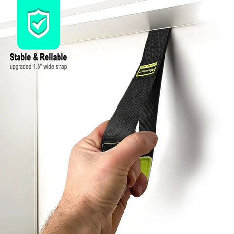 Badass Heavy Duty Padded Door Anchor For Resistance Bands And Suspension Training Rock Solid Gym Hook showing a hand gripping the 1.5 inch wide strap.