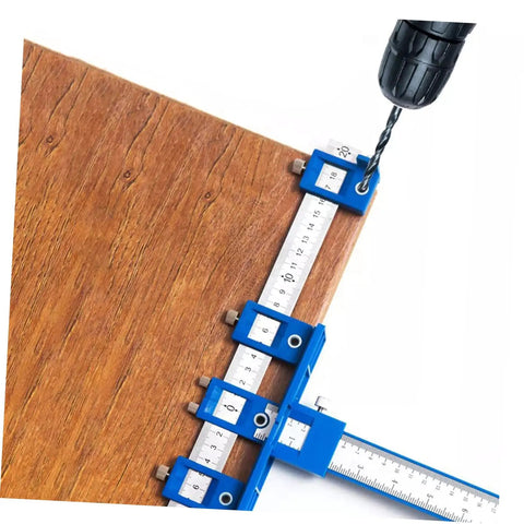 Straight Shot Precision Adjustable Woodworking Jig For Cabinet Hardware Portable Hole Punch Locator on wood with drill.
