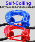 Two Pack Polyurethane Recoil Air Hose For Air Compressor 25 Feet Long With Bend Restrictor shown in red and blue