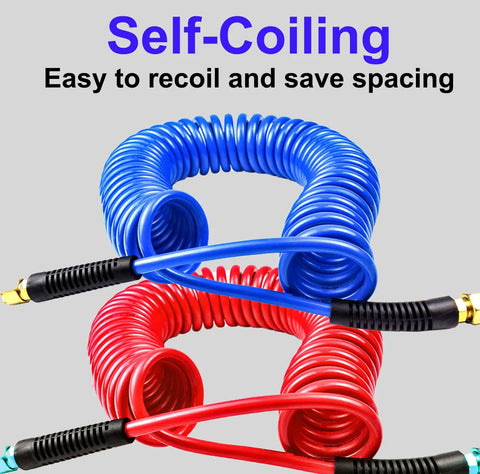 Two Pack Polyurethane Recoil Air Hose For Air Compressor 25 Feet Long With Bend Restrictor shown in red and blue