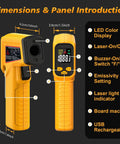 Rechargeable Infrared Thermometer Gun With Non Contact Laser Targeting, features and dimensions highlighted