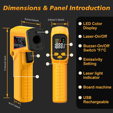 Rechargeable Infrared Thermometer Gun With Non Contact Laser Targeting, features and dimensions highlighted