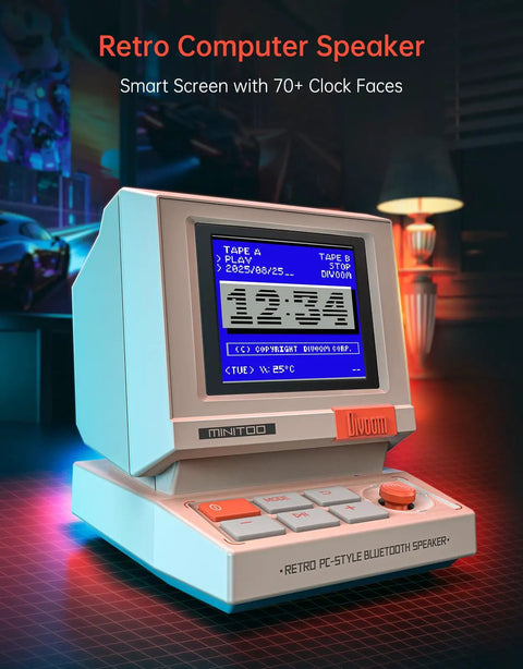 Mini Retro PC Style Speaker with pixel screen displaying clock, beige, for bedroom office and gaming; desk setup view.