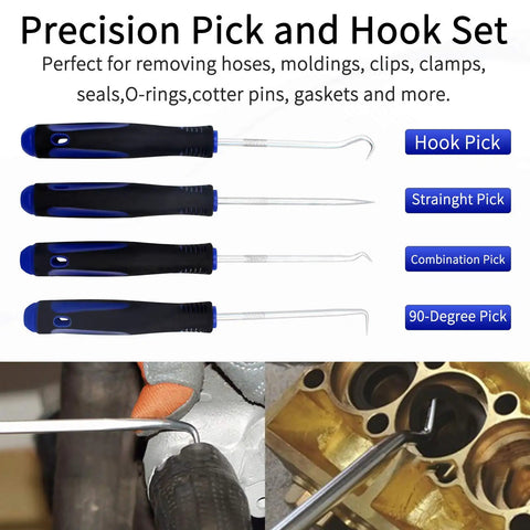 Precision pick and hook set for removing hoses, clips, clamps; includes hook pick, straight pick, 90-degree pick.