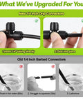 Comparison of new No Hassle Quick Connect Drip Irrigation Tee Fittings for 1/4 Inch Tubing with old barbed connectors, demonstrating easier installation.
