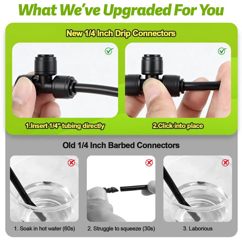 Comparison of new No Hassle Quick Connect Drip Irrigation Tee Fittings for 1/4 Inch Tubing with old barbed connectors, demonstrating easier installation.