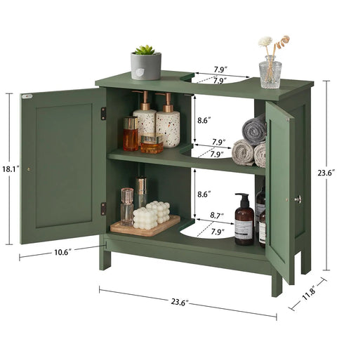 Slick U Shaped Under Bathroom Sink Cabinet With Two Smooth Doors And Nifty Open Shelf To Dodge Pesky Plumbing Pipes And Stash Cleaners In Modern Green Space Saver