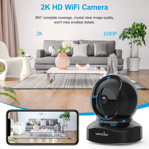 Smart 2K Home Security Camera Indoor WiFi Cam For Baby And Pets With Motion Detection Two Way Audio Night Vision displayed in a living room