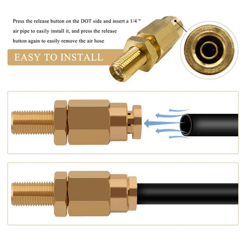 Brass Schrader Valve Set, 1 Quarter Inch Push To Connect Inflation Valves shown with easy install steps, DOT ready