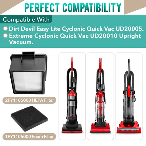 Image showing compatible HEPA and foam filters with Dirt Devil Easy Lite Cyclonic Quick Vac UD20005 and Extreme Cyclonic Quick Vac UD20010.