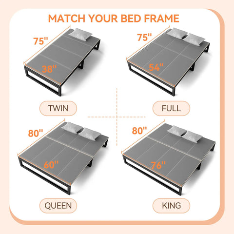 Image showing dimensions for matching bed frames including Full Size Bunkie Board 54X75 Delivers Flat Out Sturdy Support Breathable Hollow Core Base With Squeak Proof Grey Oxford Cover Low Mattress Foundation.