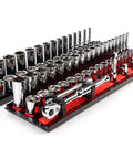 74 Piece 3/8 Inch Drive Socket And Ratchet Set With Rails And Trays Includes 1/4 To 1 Inch Standard And Deep 6-Point Inch And Metric Sockets