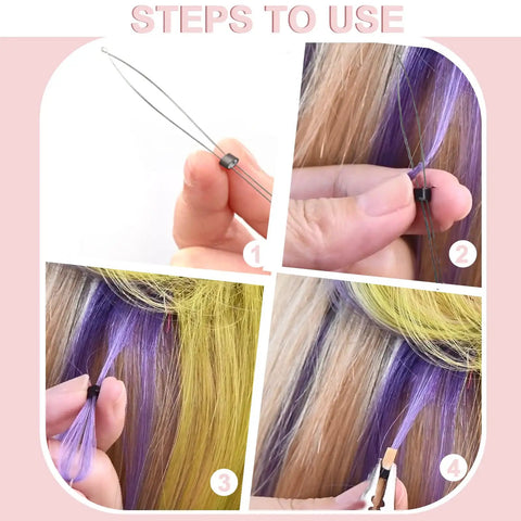 3 Piece Hair Extension Loop Needle Threader Beader Tool Kit For DIY Extensions, Premium Wood And Stainless Steel, Easy To Use, Durable And Precise Weaving For Quick Pro Results. step-by-step hair extension loop needle threading with purple hair strands