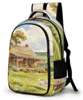 Puppy Watercolor Printed Backpack Unisex Large Capacity Go-To Everyday Carry Bag with cottage and puppy scene