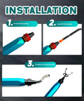Blue deburring tool with replaceable HSS blades; shows blade installation and two attachments.