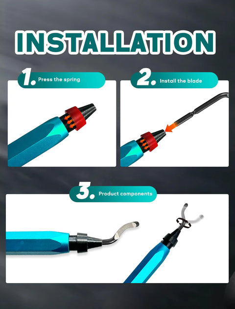 Blue deburring tool with replaceable HSS blades; shows blade installation and two attachments.