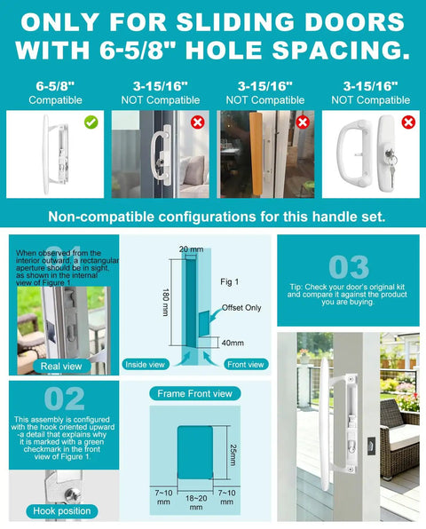 Graphic showing compatibility for Super Slick White Diecast Sliding Patio Door Handle Set, highlighting 6-5/8 inch hole spacing.