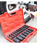 Grease Monkey Approved 35 Piece Half Inch Drive Metric Socket Wrench Set With Pegboard Organizer Tray and Essential Hand Tools for Quick Diagnostics and Tuning Jobs, shown with impact wrench and sockets.