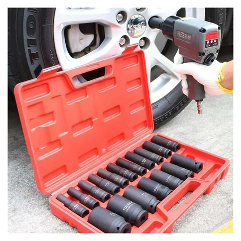 Grease Monkey Approved 35 Piece Half Inch Drive Metric Socket Wrench Set With Pegboard Organizer Tray and Essential Hand Tools for Quick Diagnostics and Tuning Jobs, shown with impact wrench and sockets.