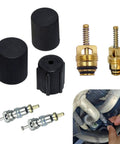 7 Piece Air Conditioning Valve Core Kit For Cars, Trucks, And SUVs Includes Low Pressure Port Cap And Valve Stem Cores Universal Auto AC System Repair Kit DIY Ready Durable ABS And Metal Black with valve caps, cores, and installation illustration