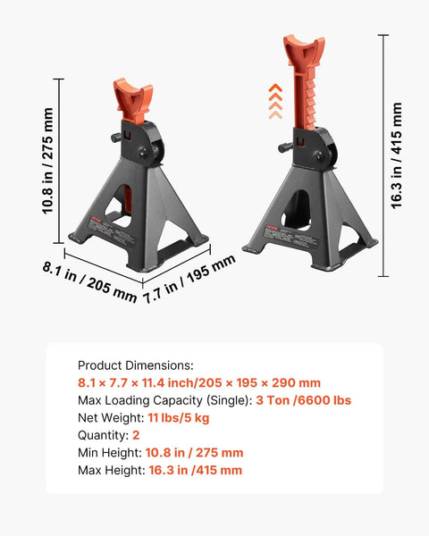 Beefy 3 Ton Jack Stands With Locking Pins Adjustable Height 10.8 To 16.3 Inches Heavy Duty Steel Lift Stands For SUV Truck Car UTV ATV Pair Black And Orange