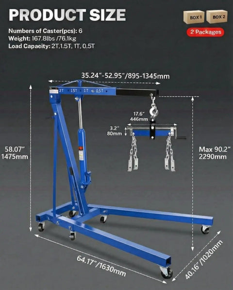 Professional Two Ton Folding Hydraulic Engine Hoist With Six Swivel Wheels And Adjustable Boom Cherry Picker dimensions and load specs