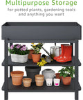 Metal Raised Garden Bed With Trellis And 2 Tier Storage Shelf, Elevated Planter Box On Legs with potted plants and tools