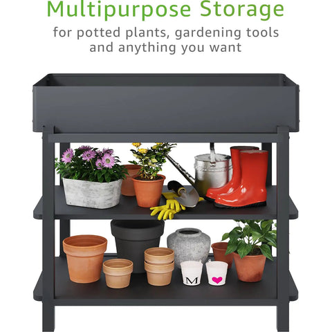 Metal Raised Garden Bed With Trellis And 2 Tier Storage Shelf, Elevated Planter Box On Legs with potted plants and tools