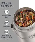 Full view of Stainless King Vacuum-Insulated Food Jar with beef stew, highlighting features like BPA-free and dishwasher safe.
