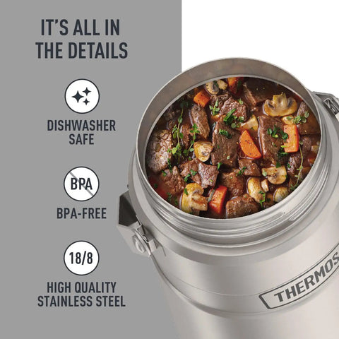 Full view of Stainless King Vacuum-Insulated Food Jar with beef stew, highlighting features like BPA-free and dishwasher safe.