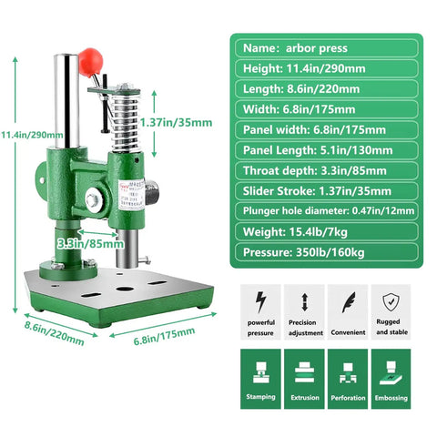 Heavy Duty Cast Iron Arbor Press With Slick Automatic Rebound Handle And Knockout 350 Lb Capacity dimensions and features image.