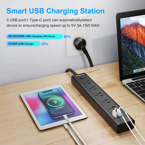 8 In 1 Surge Protector Power Strip With 5 Widely Spaced Outlets 3 USB Ports Including USB C Port 1250 Watt 10 Amp 5 Ft Extension Cord Wall Mountable For Home Office Black on desk