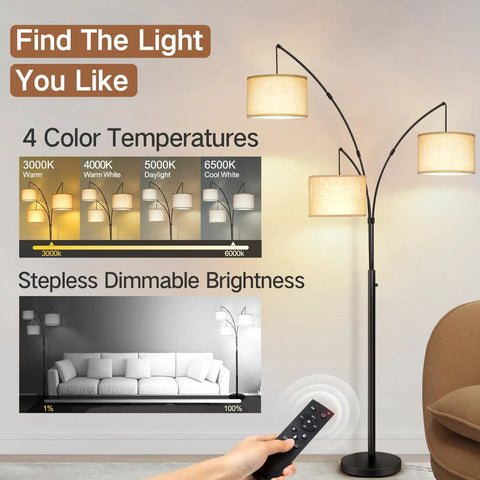 Arc LED Floor Lamp With Remote Control, Dimmable Three Light Arched Tall Lamp, adjustable brightness, multiple settings