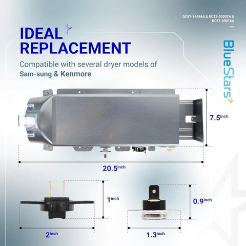 Upgraded Dryer Heating Element Kit For DV42H5000EW A3 DV45H7000EW A2 components with dimensions and ideal replacement text