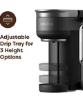Side view of Crema Ready Single Serve Coffee Maker With Pressure Infusion For Rich Crema And Espresso Style Shots, Classic And Pressure Brew For Coffee Tea And Cocoa From Any K Cup Pod showing adjustable drip tray.