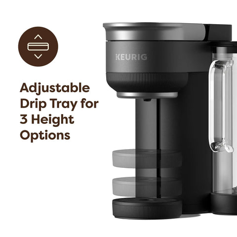 Side view of Crema Ready Single Serve Coffee Maker With Pressure Infusion For Rich Crema And Espresso Style Shots, Classic And Pressure Brew For Coffee Tea And Cocoa From Any K Cup Pod showing adjustable drip tray.