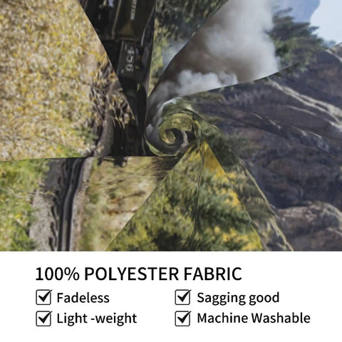 Collage of steam locomotive and smoke highlighting lightweight polyester fabric features of Wall Tapestry Print