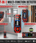 Rugged Seven In One Wall Scanner Stud Finder With Integrated Laser Distance Meter and Smart Electronic Detector showing laser measurement and scanning features.