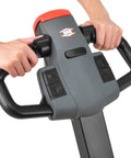 Close-up of ergonomic handle of Premium Global Industrial Self-Propelled Electric Pallet Jack Truck featuring controls for effortless maneuvering.