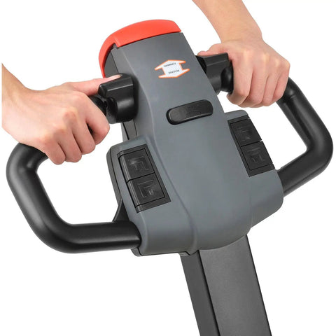 Close-up of ergonomic handle of Premium Global Industrial Self-Propelled Electric Pallet Jack Truck featuring controls for effortless maneuvering.