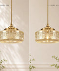 DSMJFU Gold Kitchen Pendant Light for Kitchen Vintage Glass Pendant Light shown with light off and on, circular glass design.