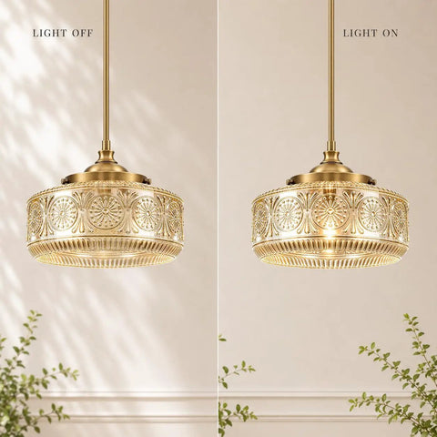 DSMJFU Gold Kitchen Pendant Light for Kitchen Vintage Glass Pendant Light shown with light off and on, circular glass design.